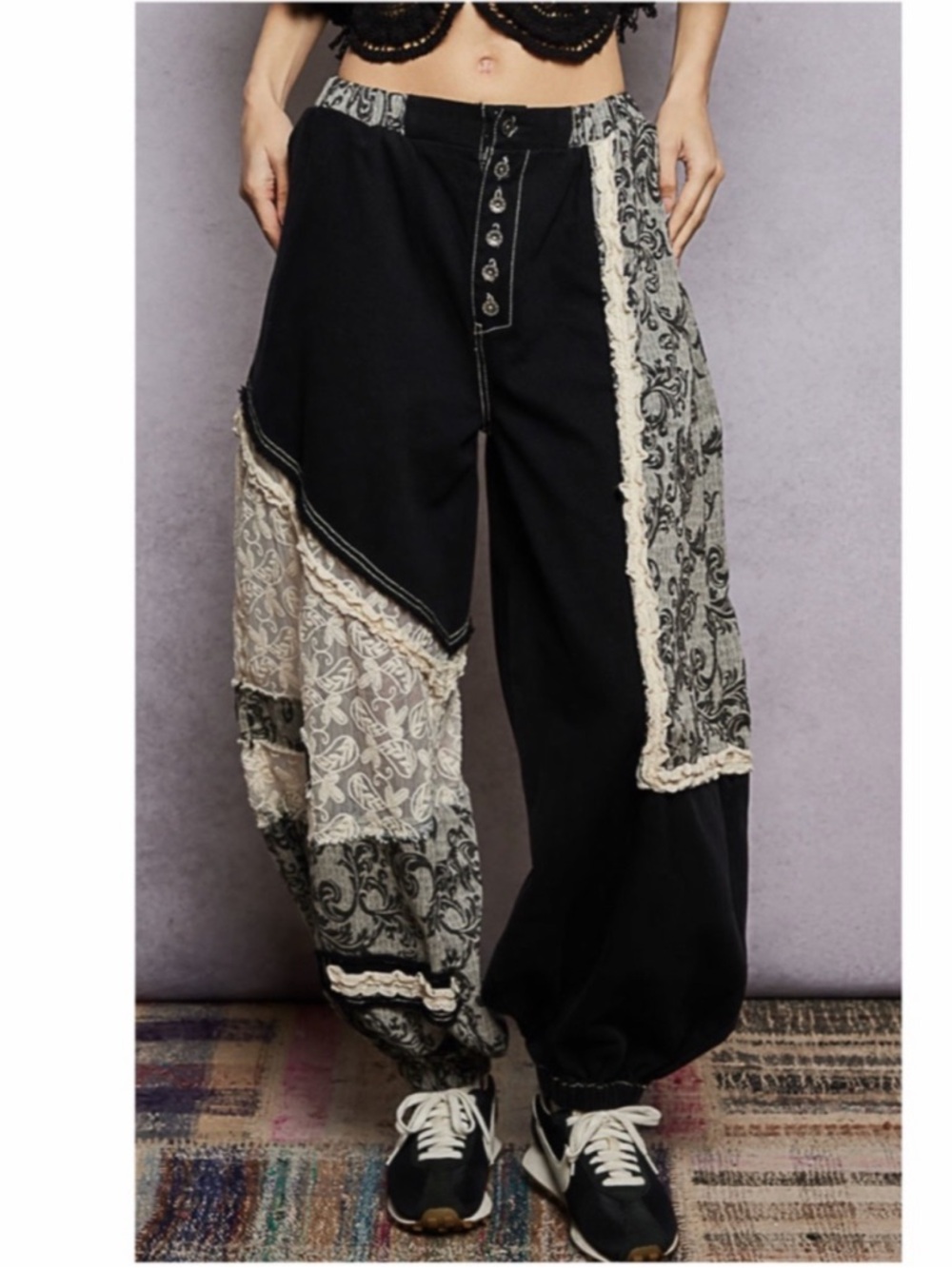 POL Black Floral Print Semi Sheer Lace Cotton Joggers Pants! - Picture 2 of 5